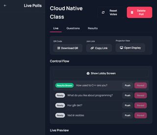 MentorSparks live-omröstning adminvy och visningsförhandsvisning