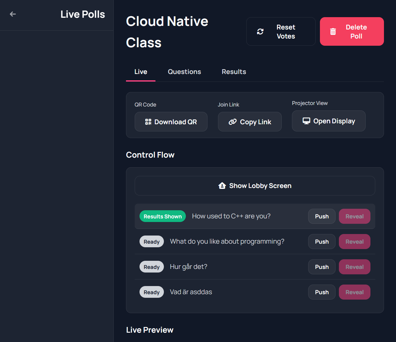MentorSparks live poll admin view and display preview